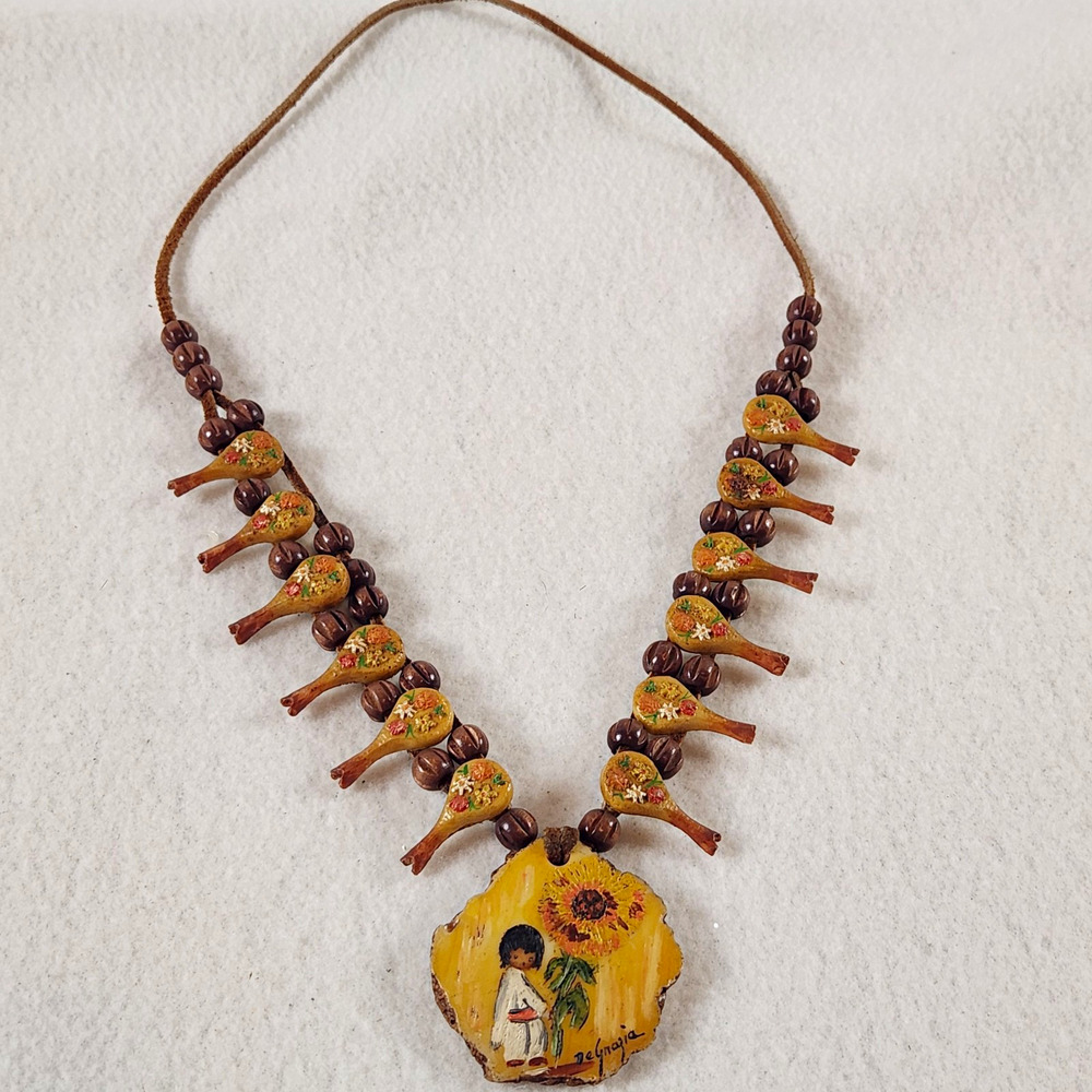 Vtg 70s Ted DeGrazia Signed Hand Painted Girl Sunflower Squash Blossom Necklace